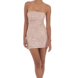 Lucy in the Sky Strapless Sequin Dress in Rose Gold